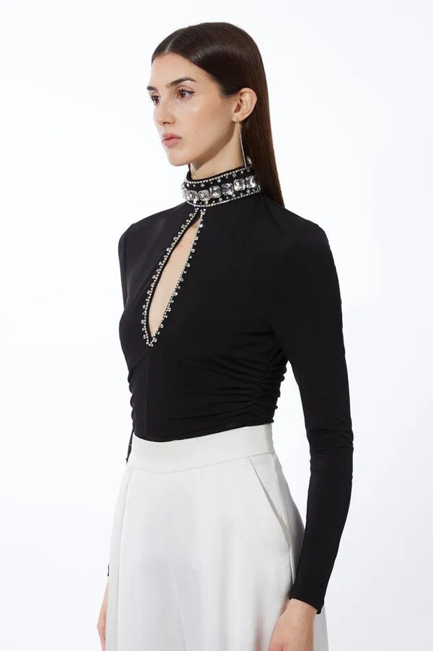 Tops Women Karen Millen Embellished Jersey Crepe Keyhole Bodysuit Black