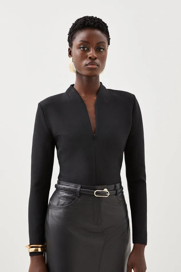 Tops Women Karen Millen Figure Form Bandage Sharp Shoulder Collared Knit Top Black Tops Women Karen Millen Figure Form Bandage Sharp Shoulder Collared Knit Top Black
