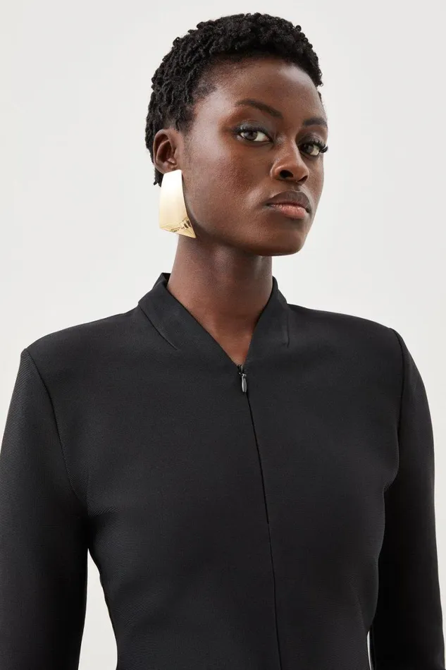 Tops Women Karen Millen Figure Form Bandage Sharp Shoulder Collared Knit Top Black