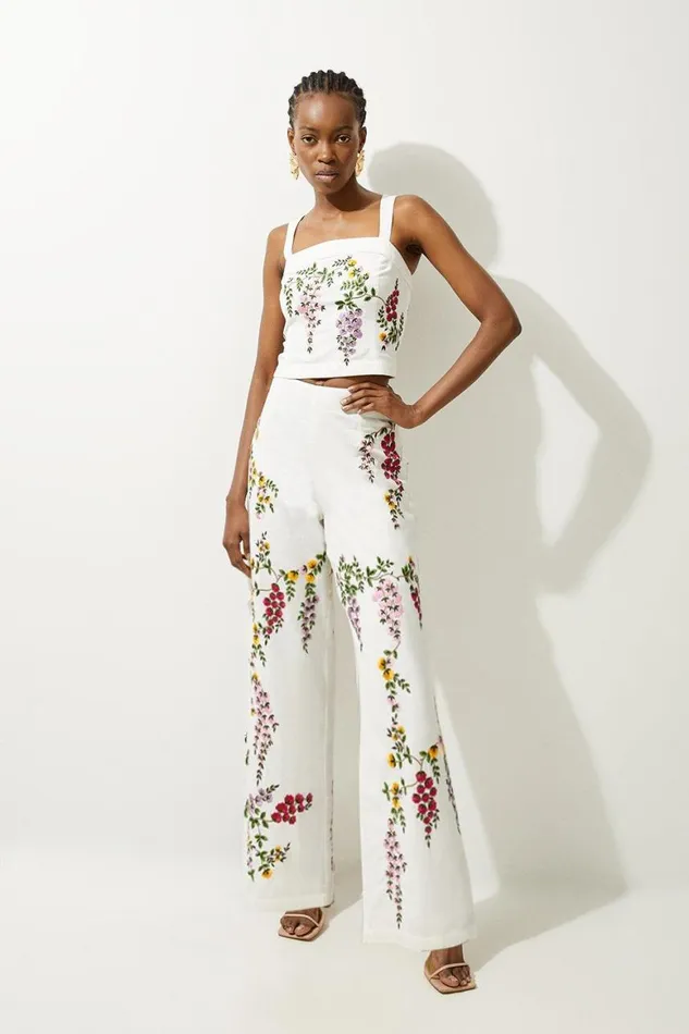 Tops Women Karen Millen Floral Embroidered Cotton Linen Woven Strappy Top Floral Tops Women Karen Millen Floral Embroidered Cotton Linen Woven Strappy Top Floral