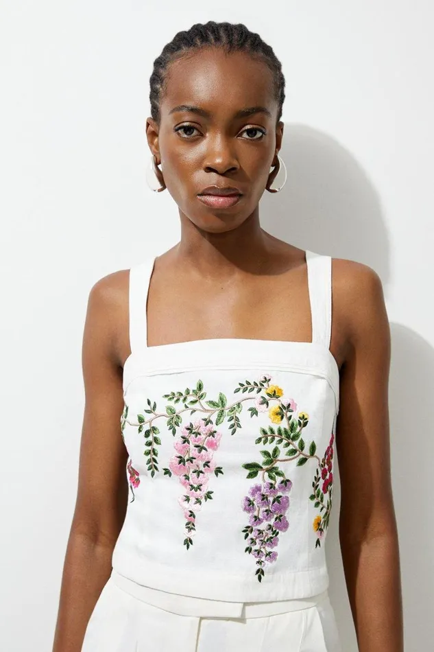 Tops Women Karen Millen Floral Embroidered Cotton Linen Woven Strappy Top Floral
