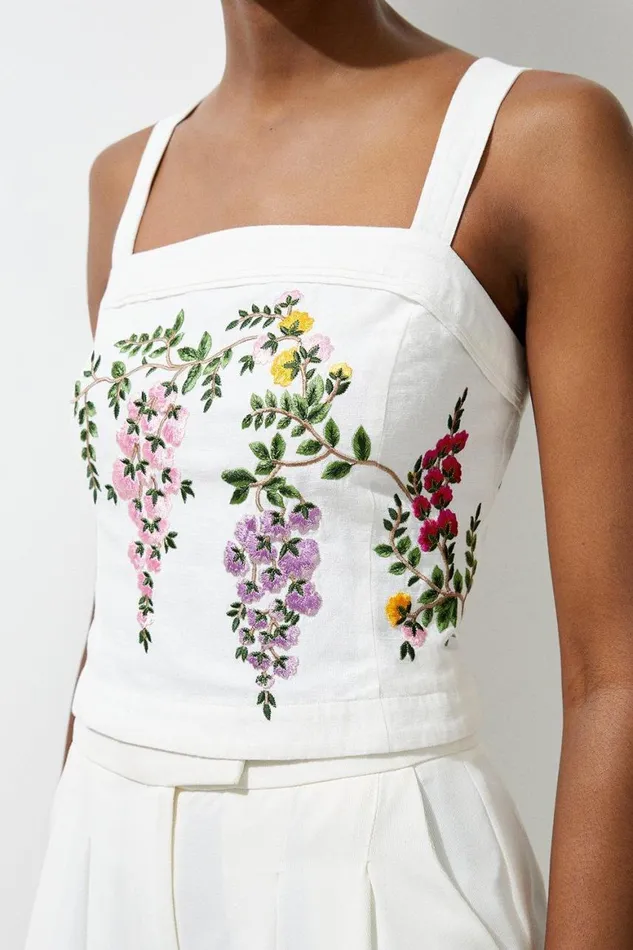 Tops Women Karen Millen Floral Embroidered Cotton Linen Woven Strappy Top Floral
