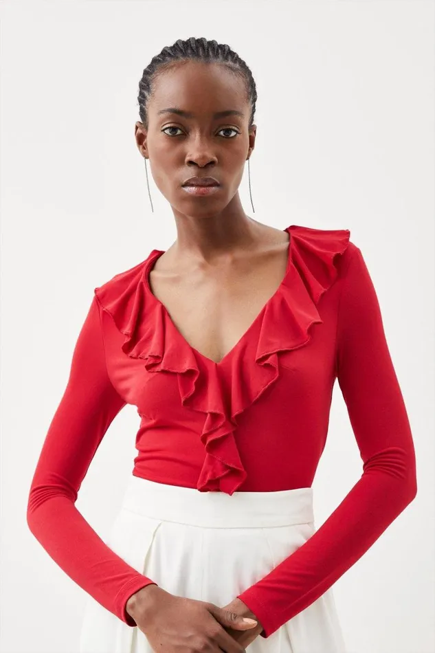 Tops Women Karen Millen Jersey Crepe Ruffle Top Scarlet