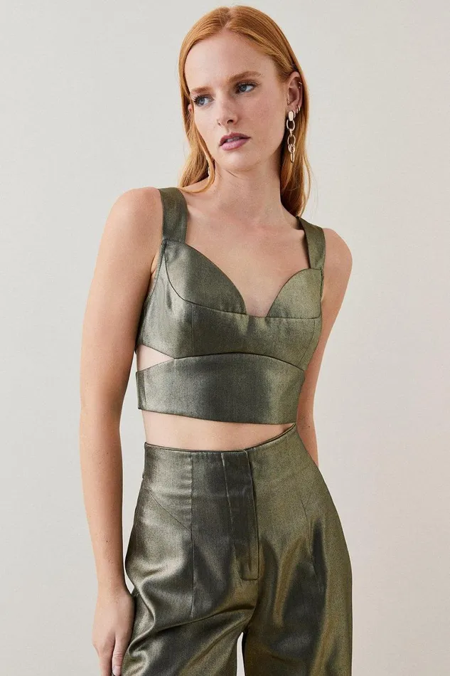 Tops Women Karen Millen Metallic Corset Crop Top Gold