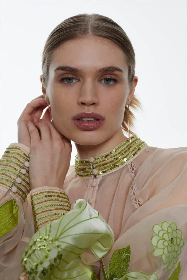 Tops Women Karen Millen Organdie Applique Buttoned Woven Blouse Green