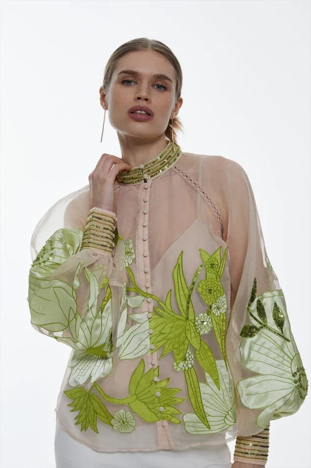 Tops Women Karen Millen Organdie Applique Buttoned Woven Blouse Green
