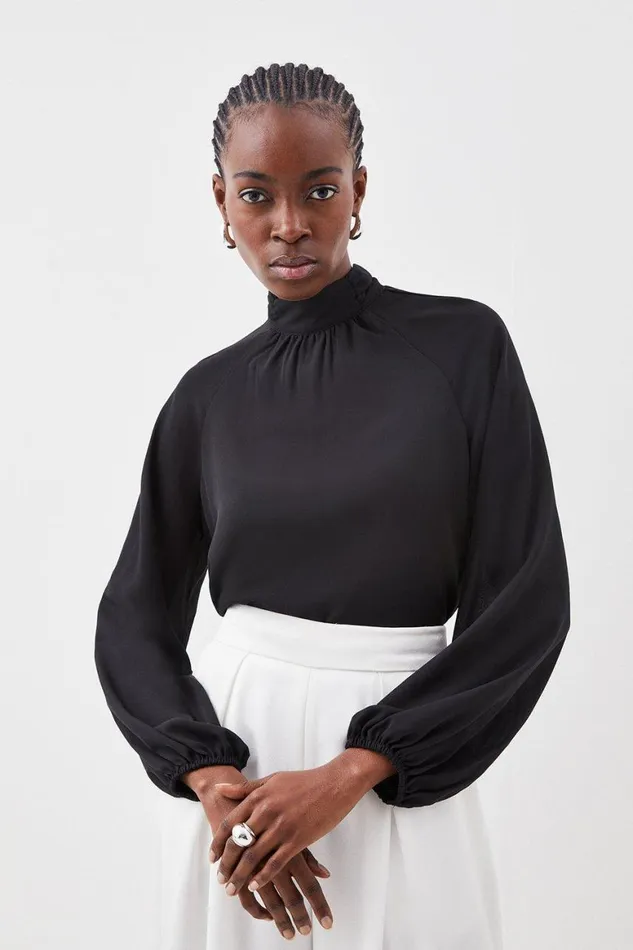 Tops Women Karen Millen Pleated Georgette High Neck Wide Sleeve Blouse Black