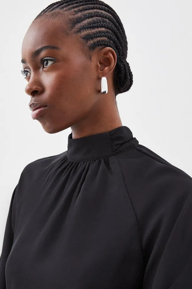 Tops Women Karen Millen Pleated Georgette High Neck Wide Sleeve Blouse Black