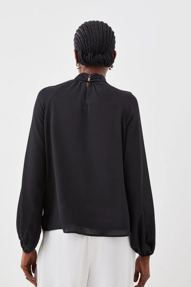 Tops Women Karen Millen Pleated Georgette High Neck Wide Sleeve Blouse Black
