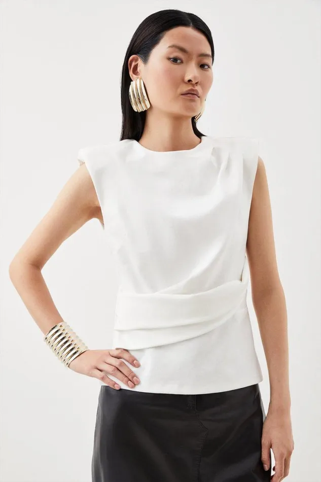 Tops Women Karen Millen Ponte Ruched Round Neck Top Ivory