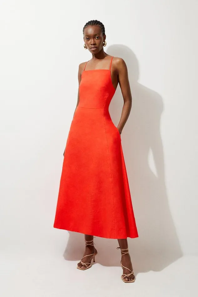 Tops Women Karen Millen Premium Linen Tailored Halterneck Corset Back Full Skirt Midi Dress Red Tops Women Karen Millen Premium Linen Tailored Halterneck Corset Back Full Skirt Midi Dress Red