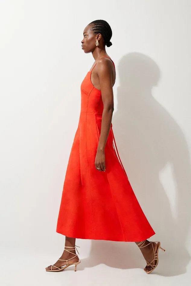Tops Women Karen Millen Premium Linen Tailored Halterneck Corset Back Full Skirt Midi Dress Red