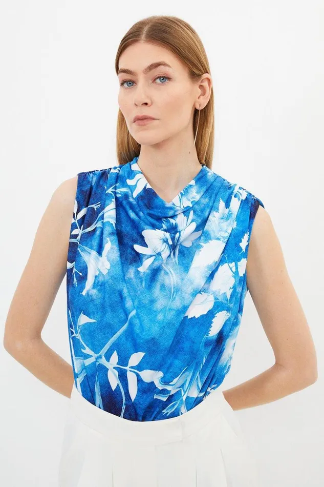 Tops Women Karen Millen Pressed Floral Print Draped Jersey Crepe Bodysuit Blue Tops Women Karen Millen Pressed Floral Print Draped Jersey Crepe Bodysuit Blue