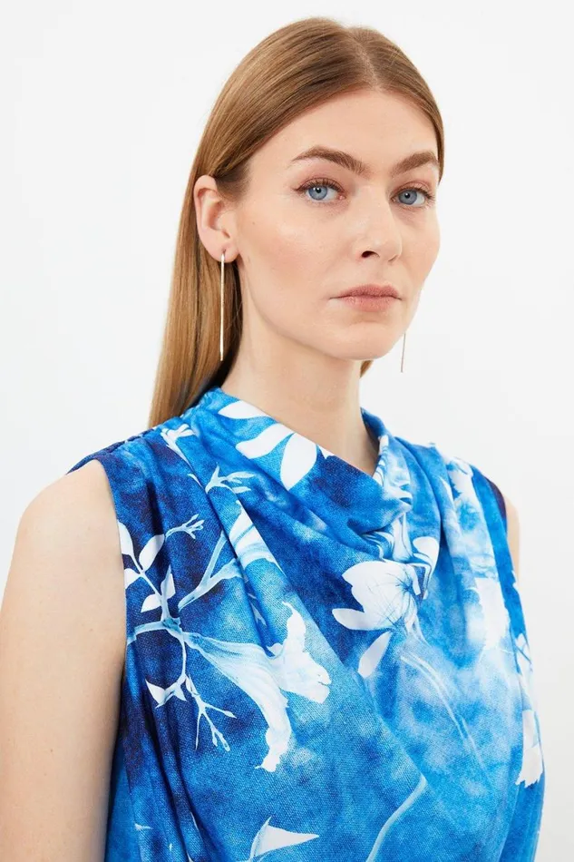 Tops Women Karen Millen Pressed Floral Print Draped Jersey Crepe Bodysuit Blue
