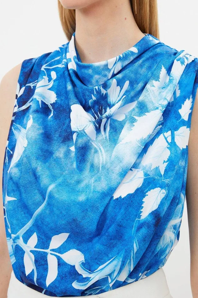 Tops Women Karen Millen Pressed Floral Print Draped Jersey Crepe Bodysuit Blue