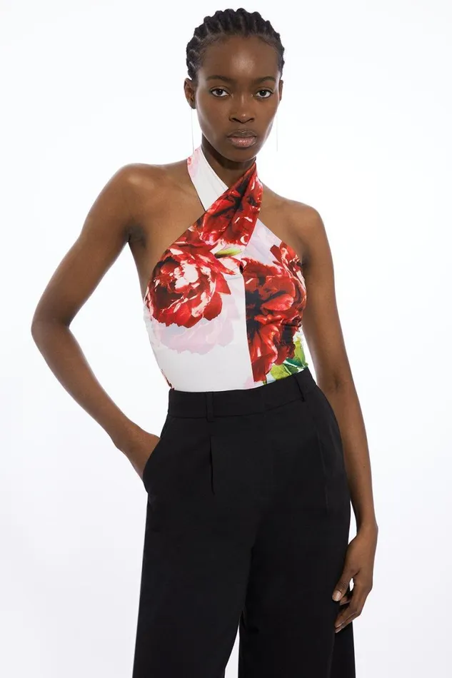 Tops Women Karen Millen Rose Print Cross Neck Drapey Crepe Jersey Bodysuit Floral