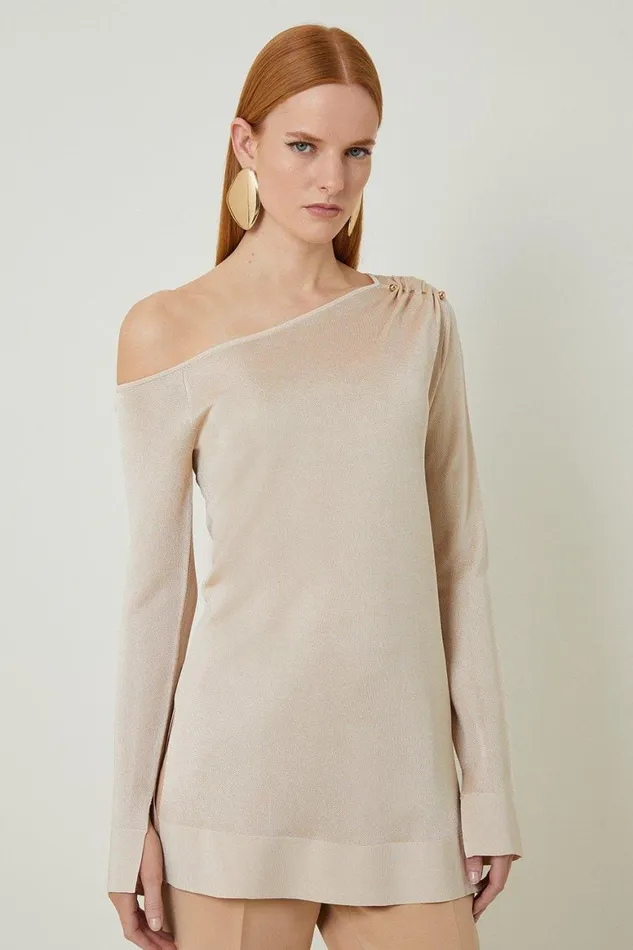 Tops Women Karen Millen Slinky Viscose Blend Knit Off The Shoulder Trimmed Tunic Neutral