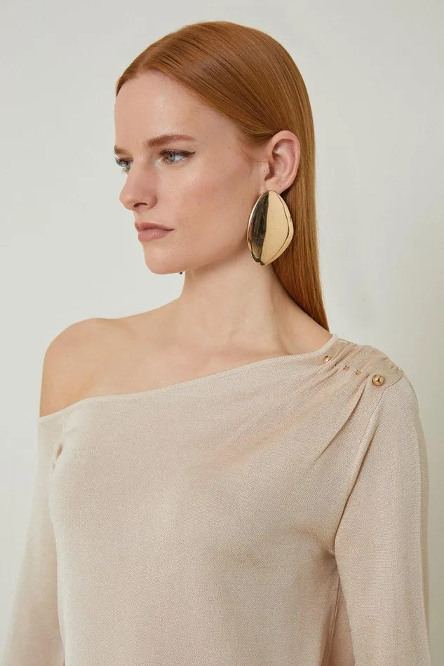 Tops Women Karen Millen Slinky Viscose Blend Knit Off The Shoulder Trimmed Tunic Neutral