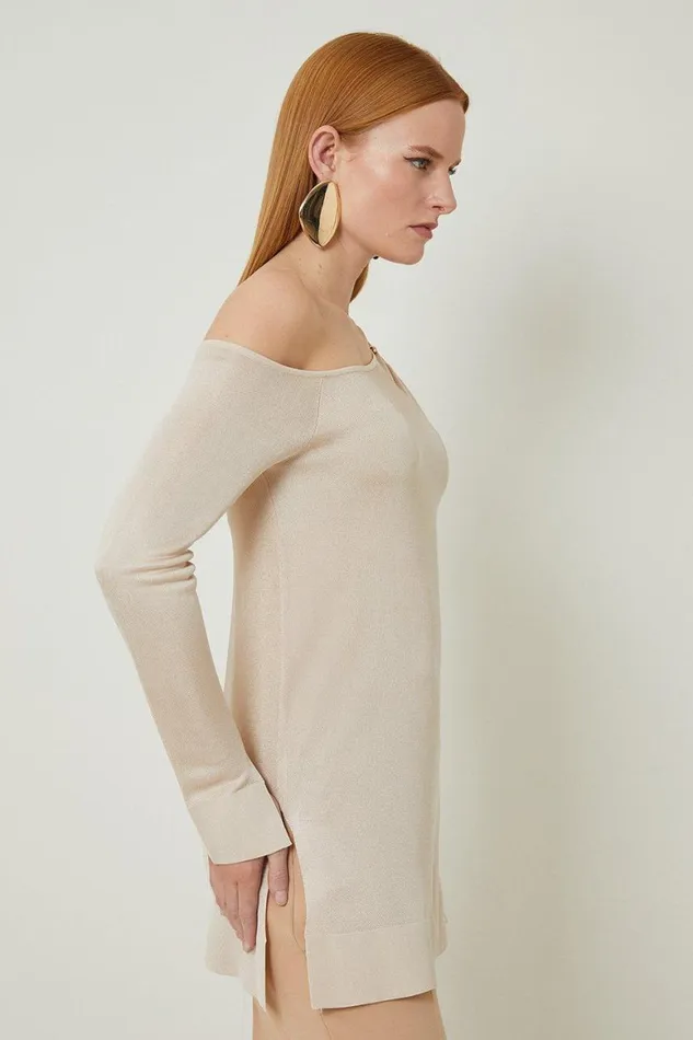Tops Women Karen Millen Slinky Viscose Blend Knit Off The Shoulder Trimmed Tunic Neutral