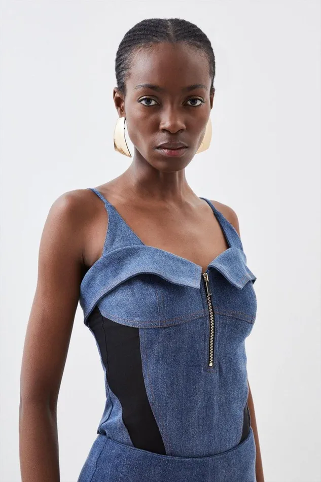 Tops Women Karen Millen Stretch Denim And Mesh Zip Detail Bodysuit Denim