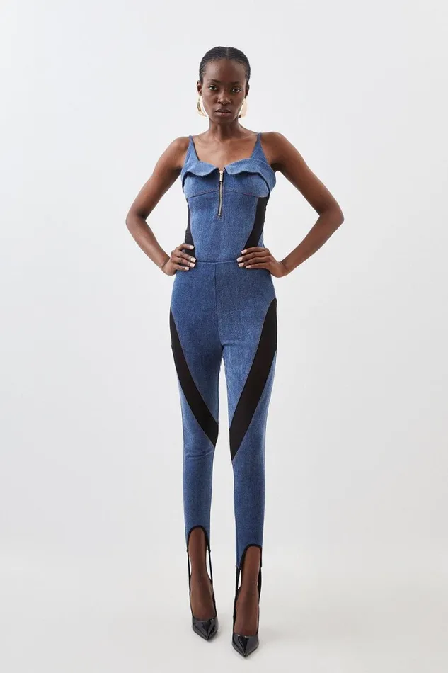 Tops Women Karen Millen Stretch Denim And Mesh Zip Detail Bodysuit Denim