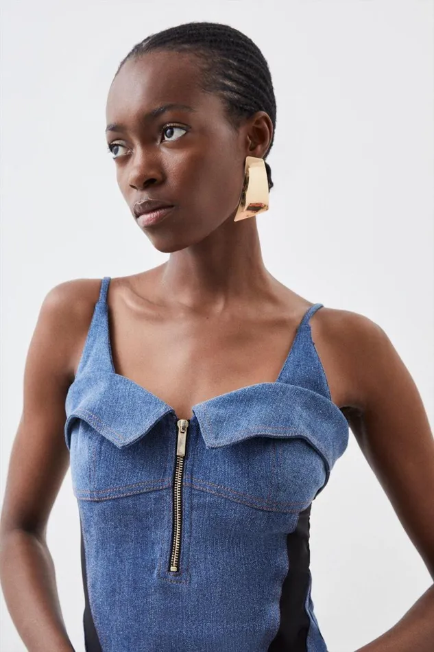 Tops Women Karen Millen Stretch Denim And Mesh Zip Detail Bodysuit Denim