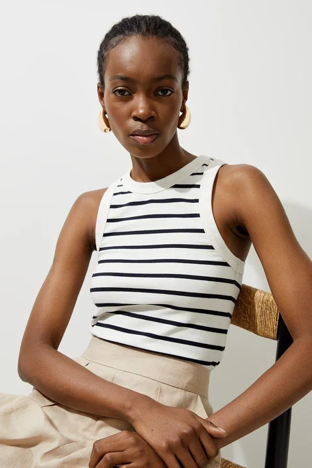 Tops Women Karen Millen Stripe Stretch Cotton Jersey Racer Top Ivory