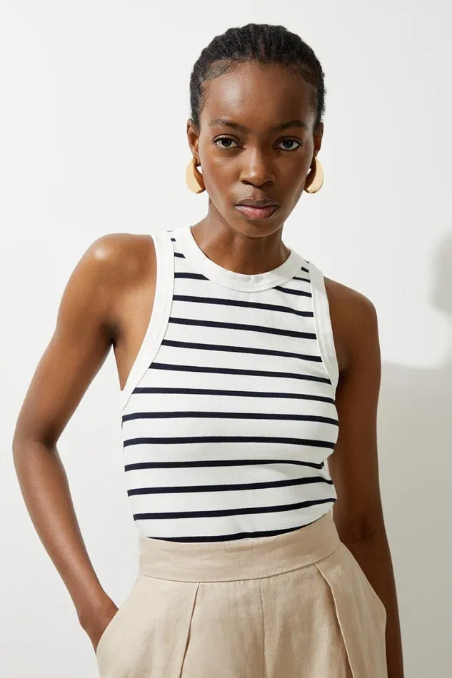 Tops Women Karen Millen Stripe Stretch Cotton Jersey Racer Top Ivory