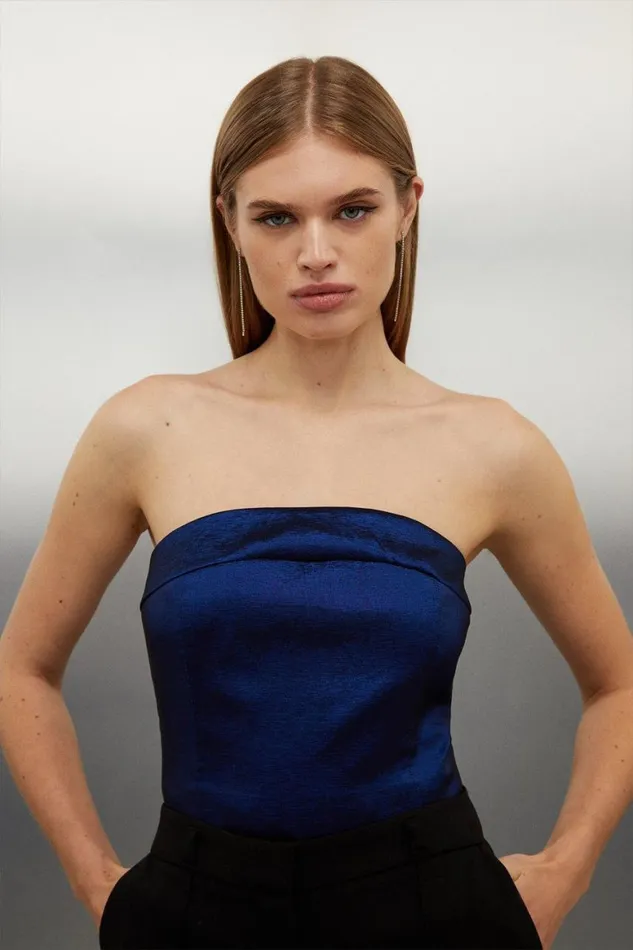 Tops Women Karen Millen Tailored Metallic Taffeta Bandeau Top Blue