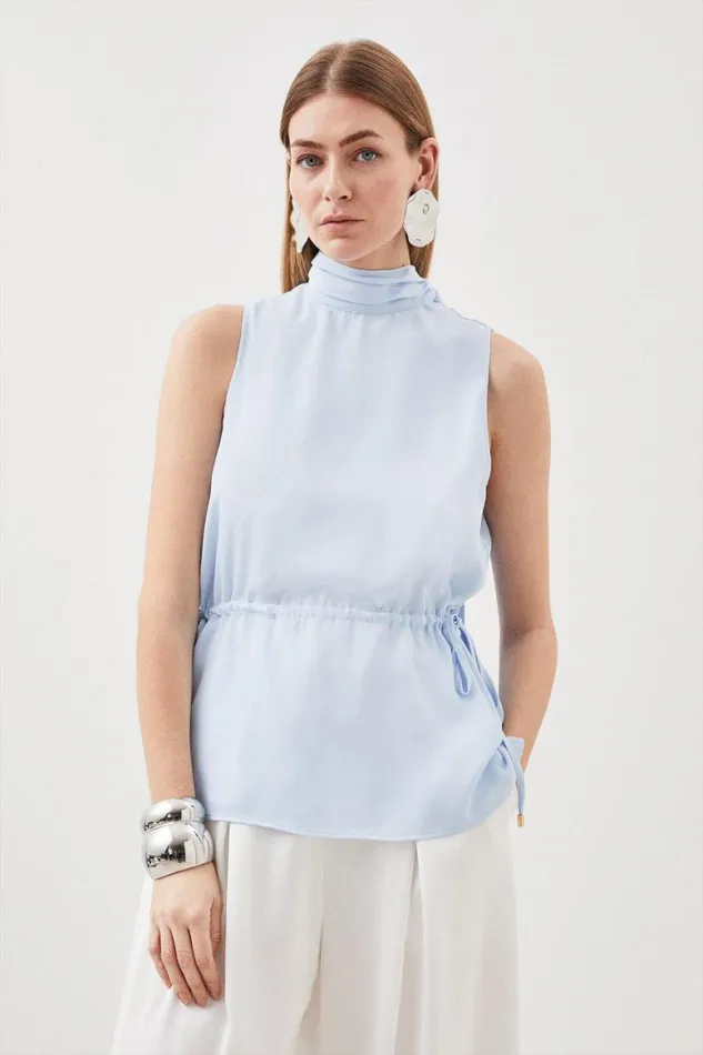 Tops Women Karen Millen Tall Georgette Woven Tie Neck Blouse Pale Blue