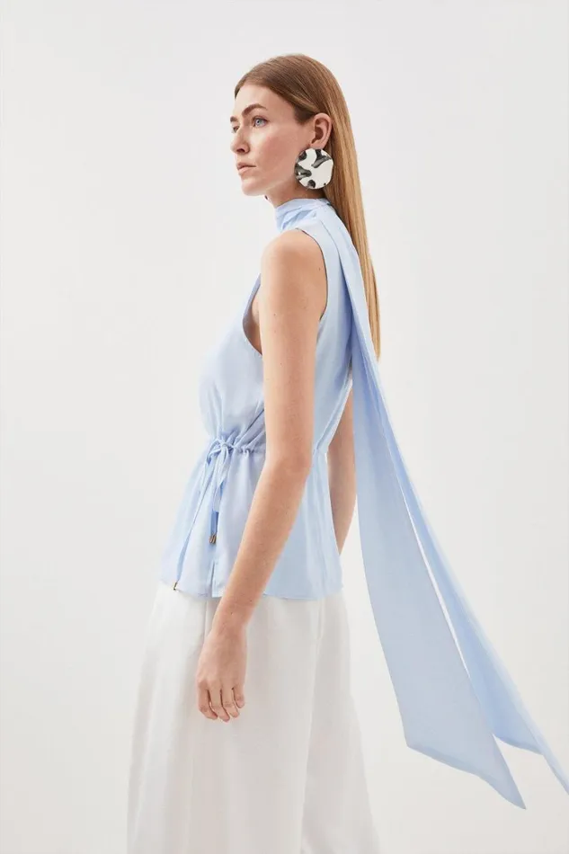 Tops Women Karen Millen Tall Georgette Woven Tie Neck Blouse Pale Blue