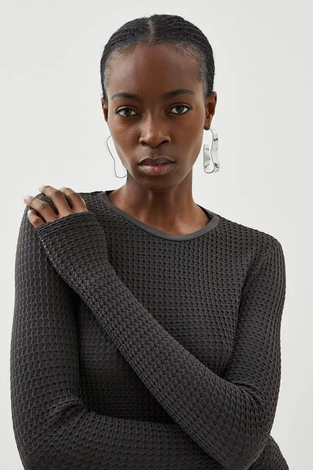 Tops Women Karen Millen Textured Jersey Long Sleeve Top Charcoal