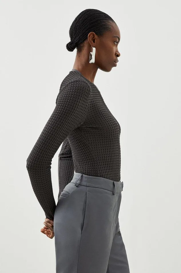 Tops Women Karen Millen Textured Jersey Long Sleeve Top Charcoal