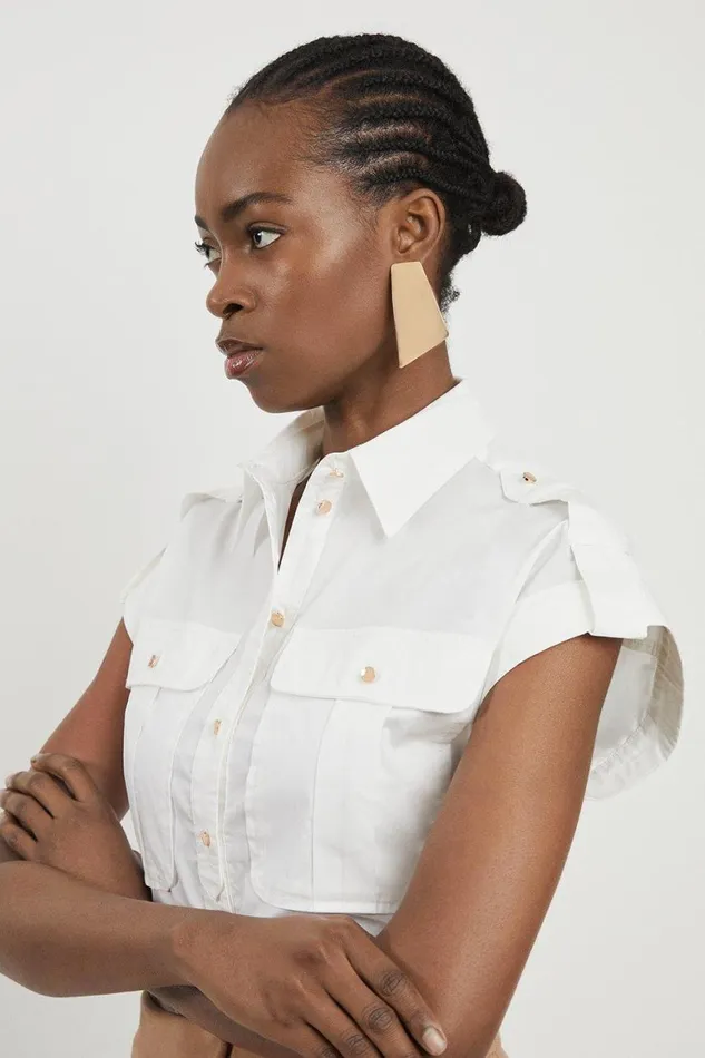 Tops Women Karen Millen Utility Poplin Button Detail Woven Shirt White