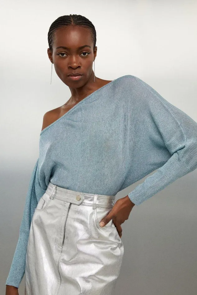 Tops Women Karen Millen Viscose Blend Metallic Sparkle Knit Drop Shoulder Top Pale Blue Tops Women Karen Millen Viscose Blend Metallic Sparkle Knit Drop Shoulder Top Pale Blue