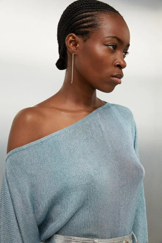 Tops Women Karen Millen Viscose Blend Metallic Sparkle Knit Drop Shoulder Top Pale Blue