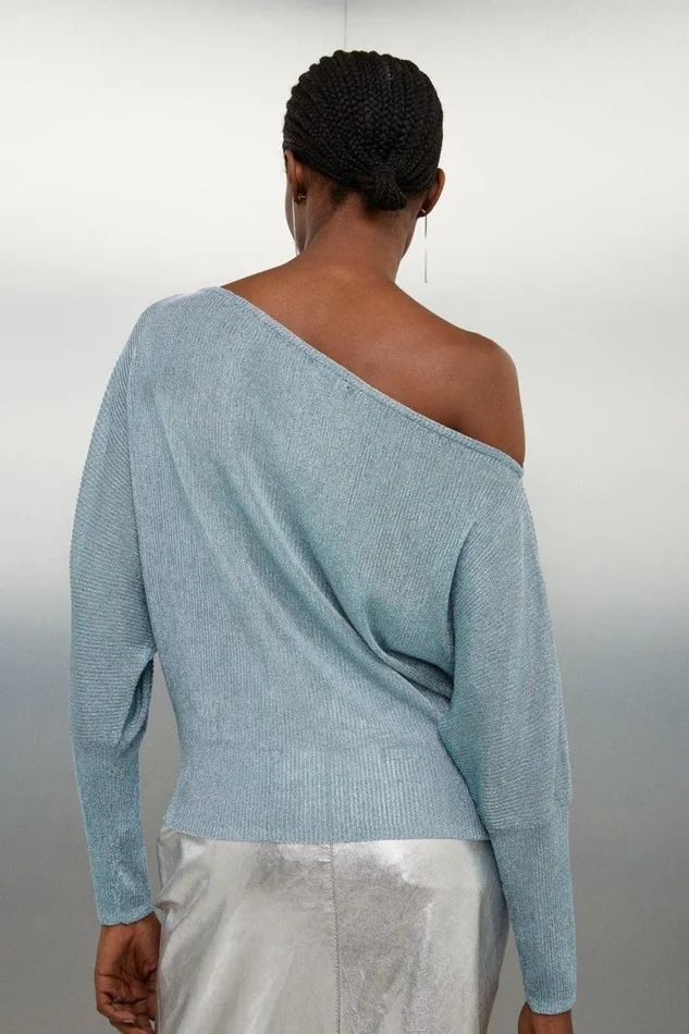 Tops Women Karen Millen Viscose Blend Metallic Sparkle Knit Drop Shoulder Top Pale Blue