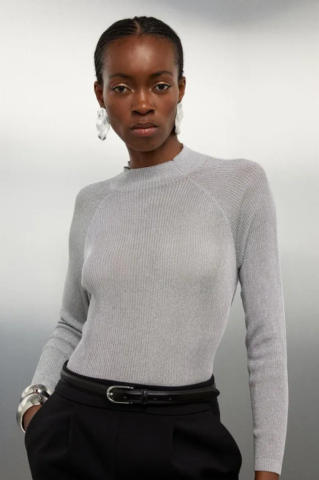 Tops Women Karen Millen Viscose Blend Metallic Sparkle Twist Back Knit Top Silver Tops Women Karen Millen Viscose Blend Metallic Sparkle Twist Back Knit Top Silver
