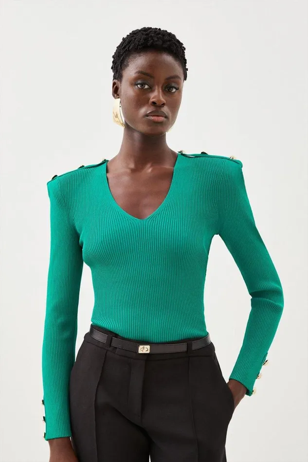 Tops Women Karen Millen Viscose Blend Rib Knit V Neck Power Shoulder Military Top Green Tops Women Karen Millen Viscose Blend Rib Knit V Neck Power Shoulder Military Top Green