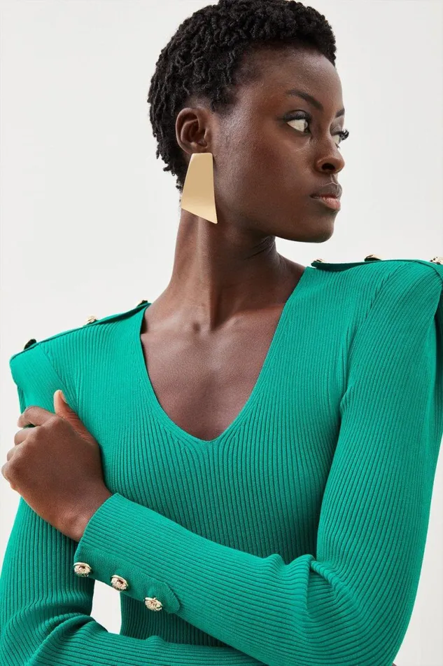 Tops Women Karen Millen Viscose Blend Rib Knit V Neck Power Shoulder Military Top Green