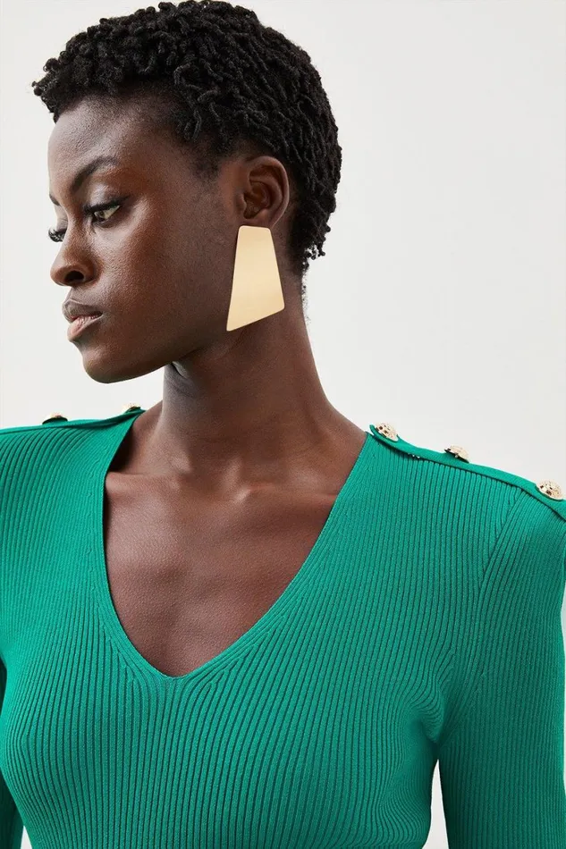 Tops Women Karen Millen Viscose Blend Rib Knit V Neck Power Shoulder Military Top Green