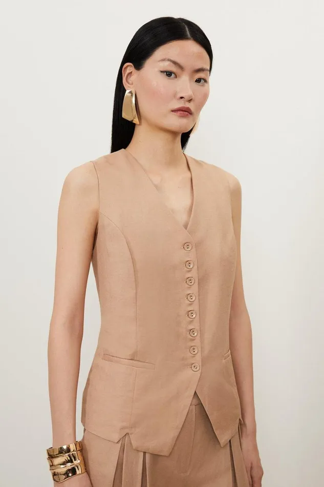 Tops Women Karen Millen Viscose Linen Woven Waistcoat Tan