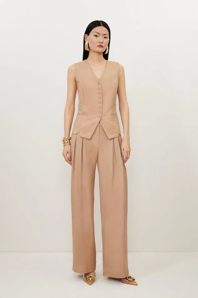 Tops Women Karen Millen Viscose Linen Woven Waistcoat Tan