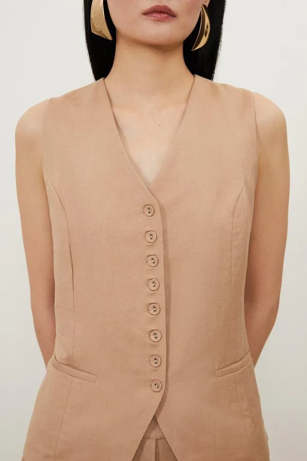 Tops Women Karen Millen Viscose Linen Woven Waistcoat Tan
