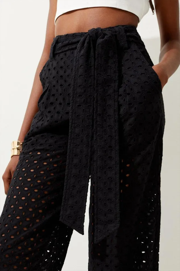 Trousers Women Karen Millen Belted Broderie Woven Trousers Black