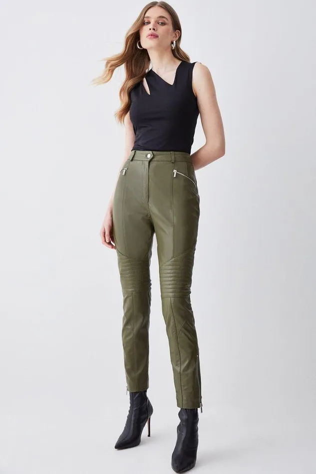 Trousers Women Karen Millen Leather Biker and Zip Detail Cuff Slim Leg Trouser Olive Trousers Women Karen Millen Leather Biker and Zip Detail Cuff Slim Leg Trouser Olive