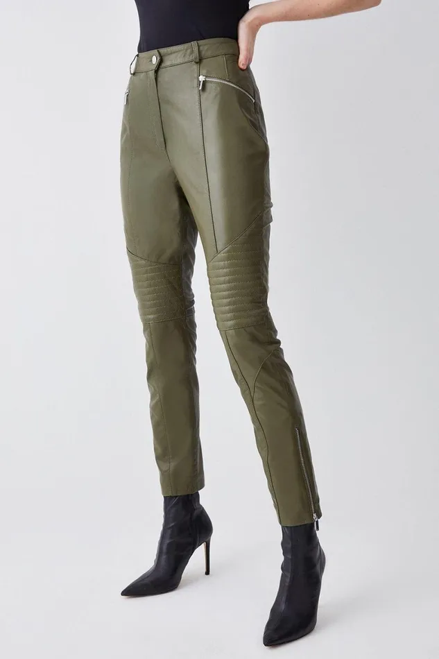 Trousers Women Karen Millen Leather Biker and Zip Detail Cuff Slim Leg Trouser Olive