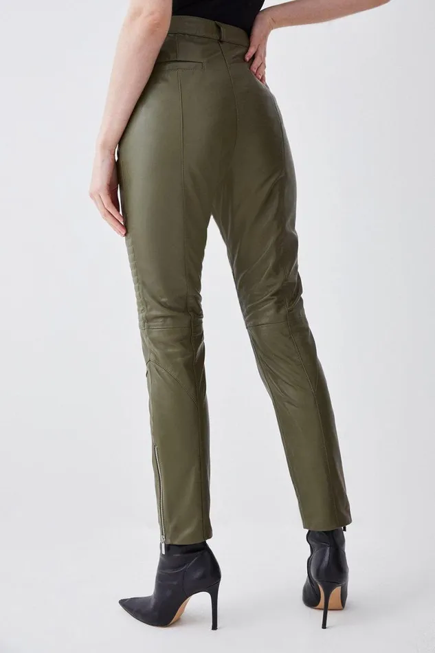 Trousers Women Karen Millen Leather Biker and Zip Detail Cuff Slim Leg Trouser Olive