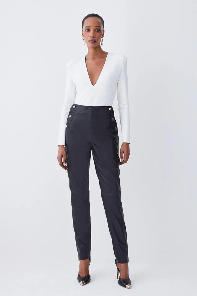 Trousers Women Karen Millen Leather Button Pocket Detail Zip Hem Slim Leg Black Trousers Women Karen Millen Leather Button Pocket Detail Zip Hem Slim Leg Black