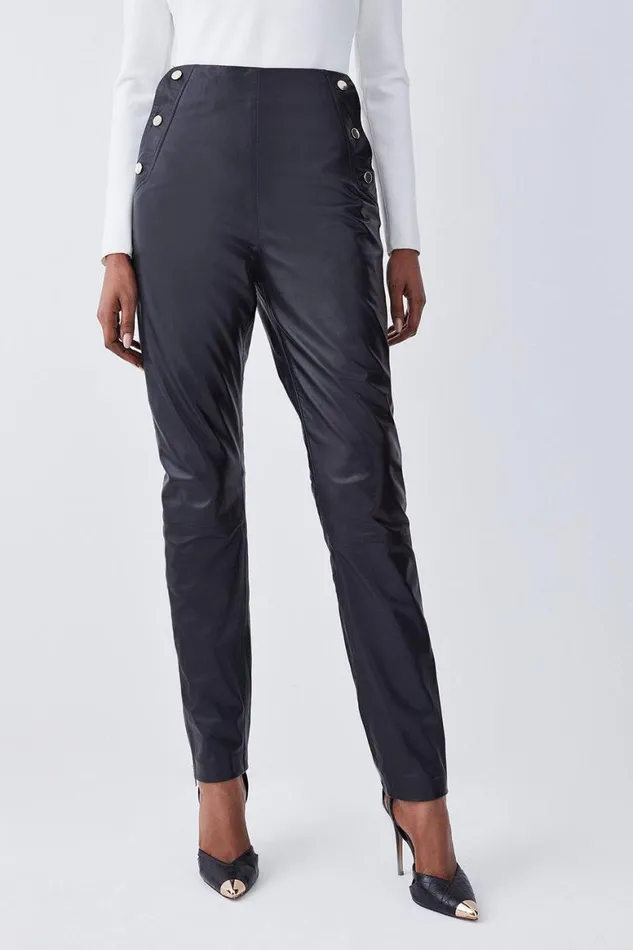 Trousers Women Karen Millen Leather Button Pocket Detail Zip Hem Slim Leg Black